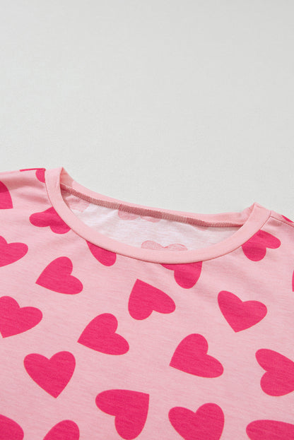 Heartfelt Pink Valentine's Day Lounge Set with Heart Print Top and Shorts