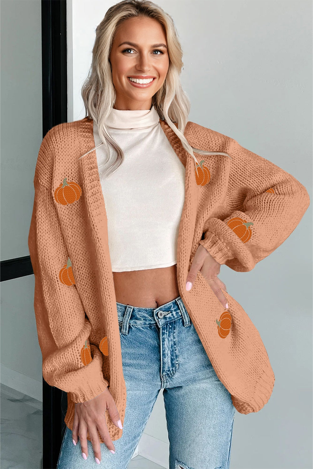 Straw Yellow Pumpkin Print Open Front Drop Shoulder Midi Cardigan