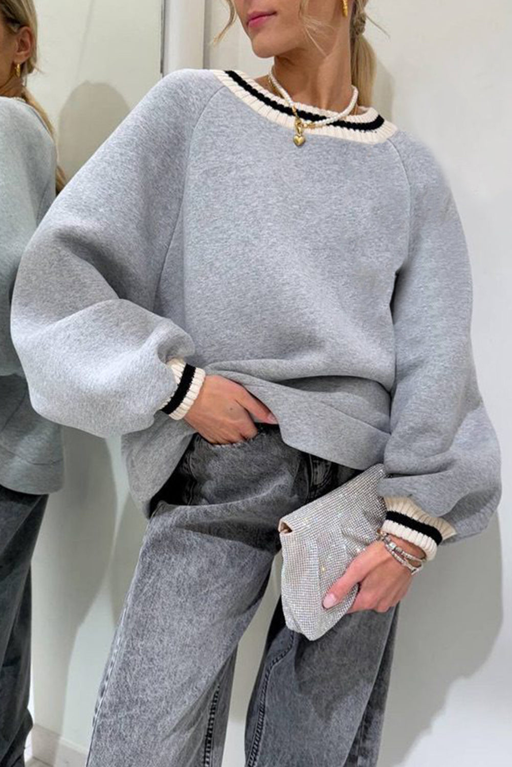Light Grey Contrast Webbing Round Neck Puff Sleeve Oversize Sweatshirt