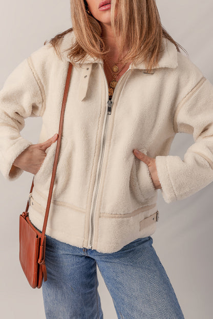 Beige Buckle Collar Detail Zip Up Fleece Jacket