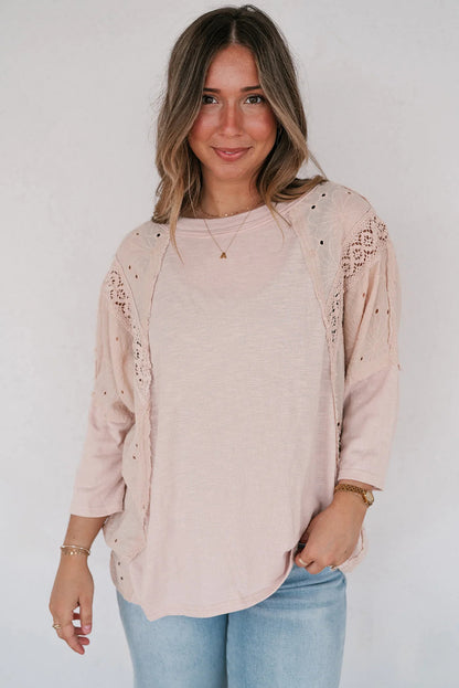 Apricot Pink Floral Lace Eyelet Patchwork Bracelet Sleeve T Shirt