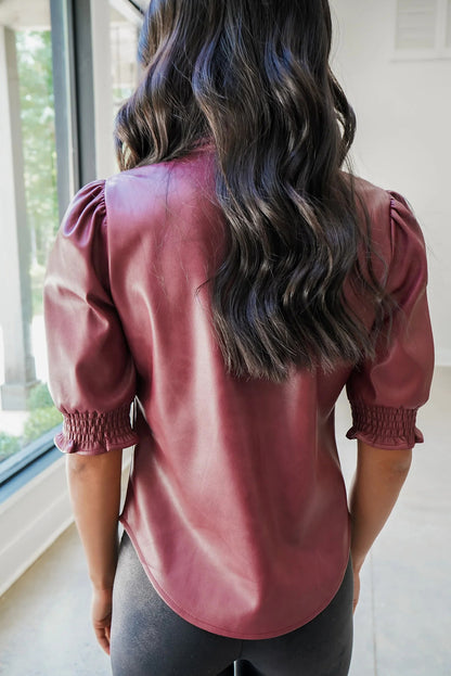 Red Dahlia Solid Color Faux Suede Button Down Frilled Short Sleeve Shirt