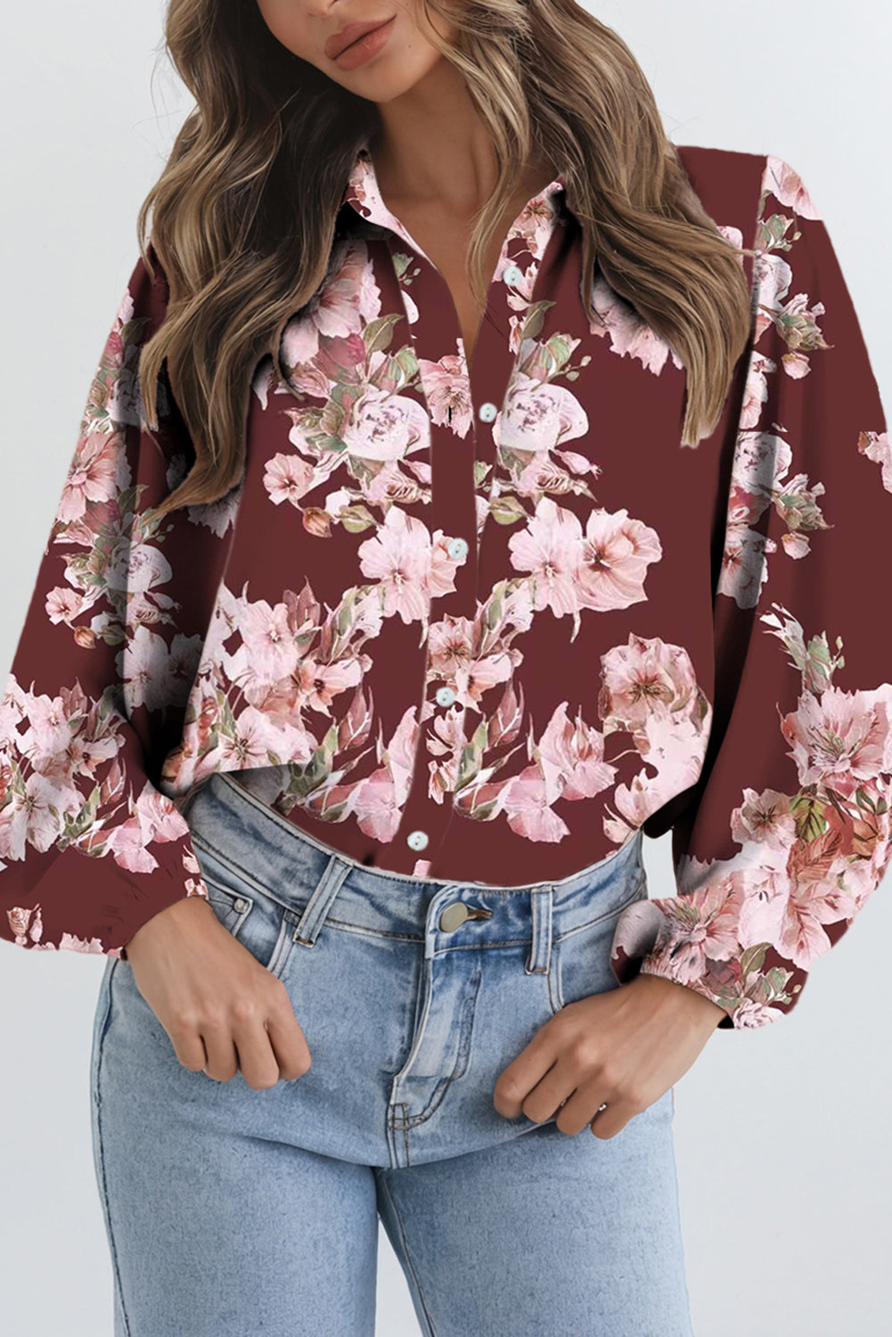 Brown Floral Puff Sleeve Lightweight Shirt