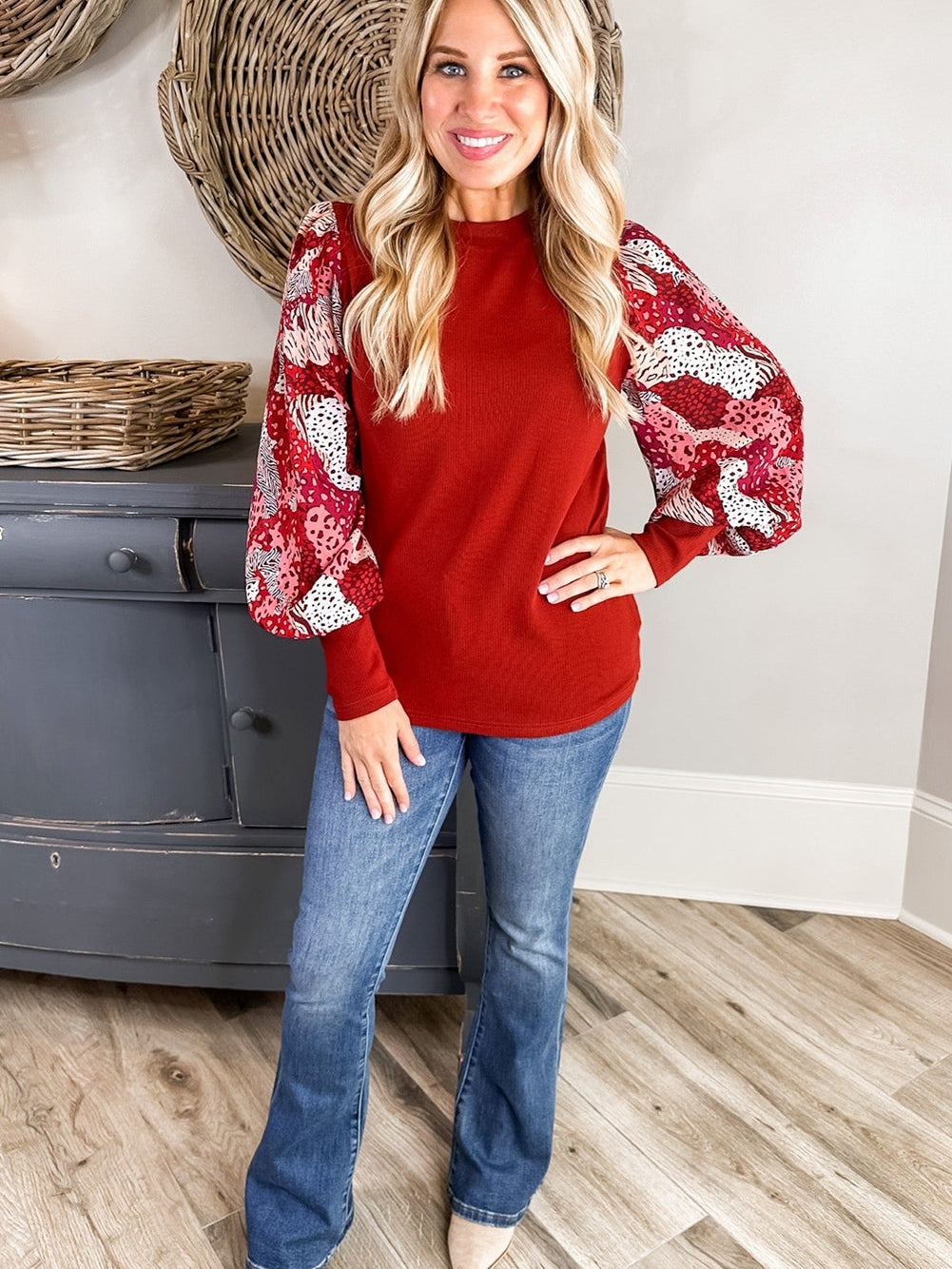 Festive Red Animal Print Lantern Sleeve Patchwork Top