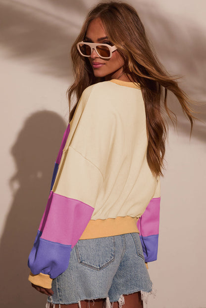 Phalaenopsis Color Block Patchwork Drop Shoulder Cropped Sweatshirt