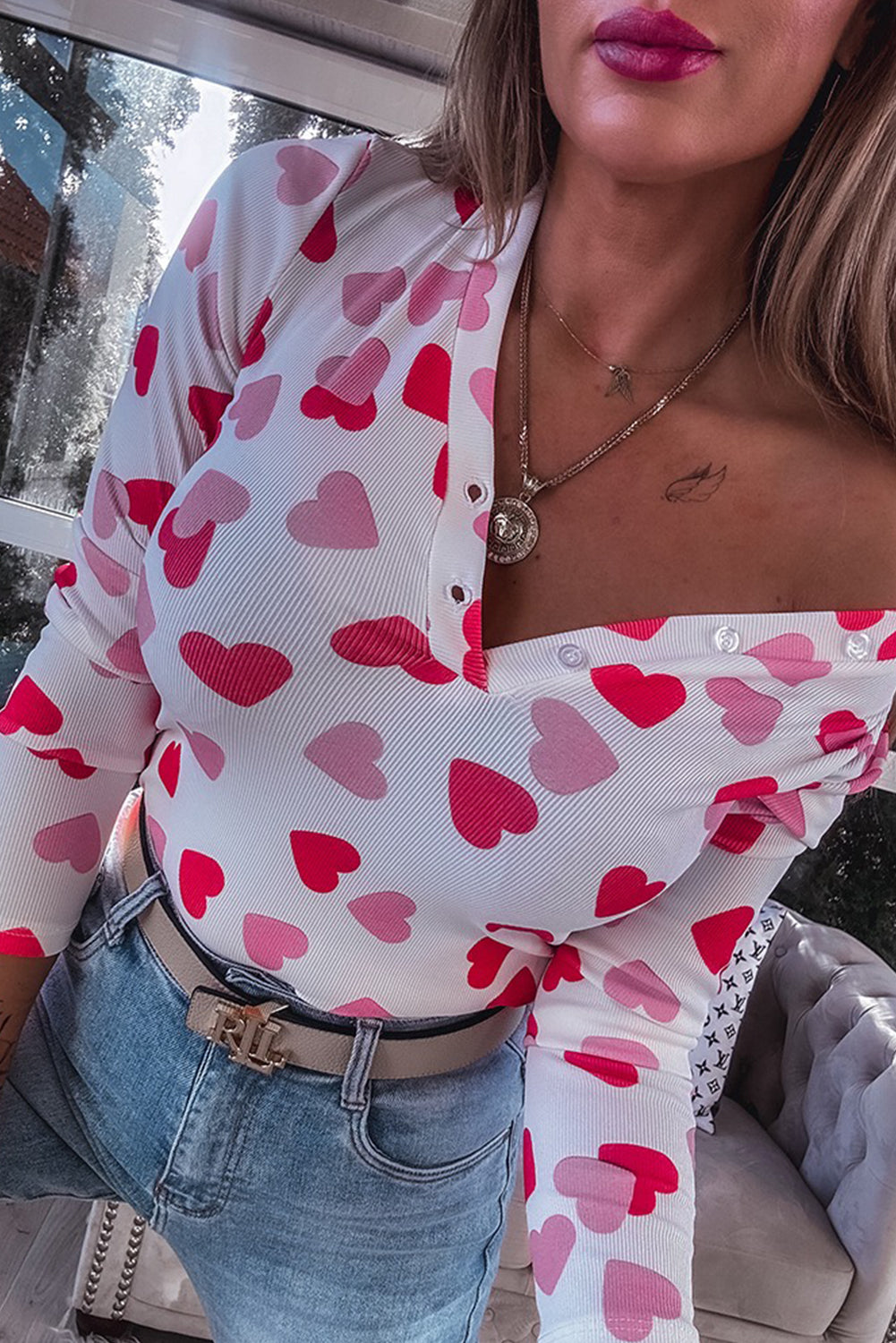 Pink Valentine Heart Print Buttoned Neckline Textured Fitted Long Sleeve Top
