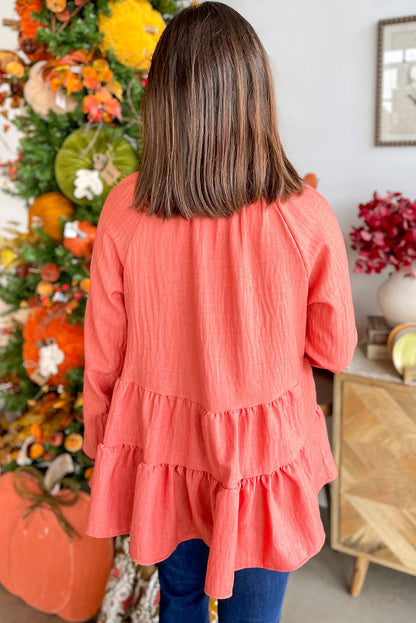 Orange Solid Color Frilled Round Neck Ruffle Hem Patchwork Tunic Top