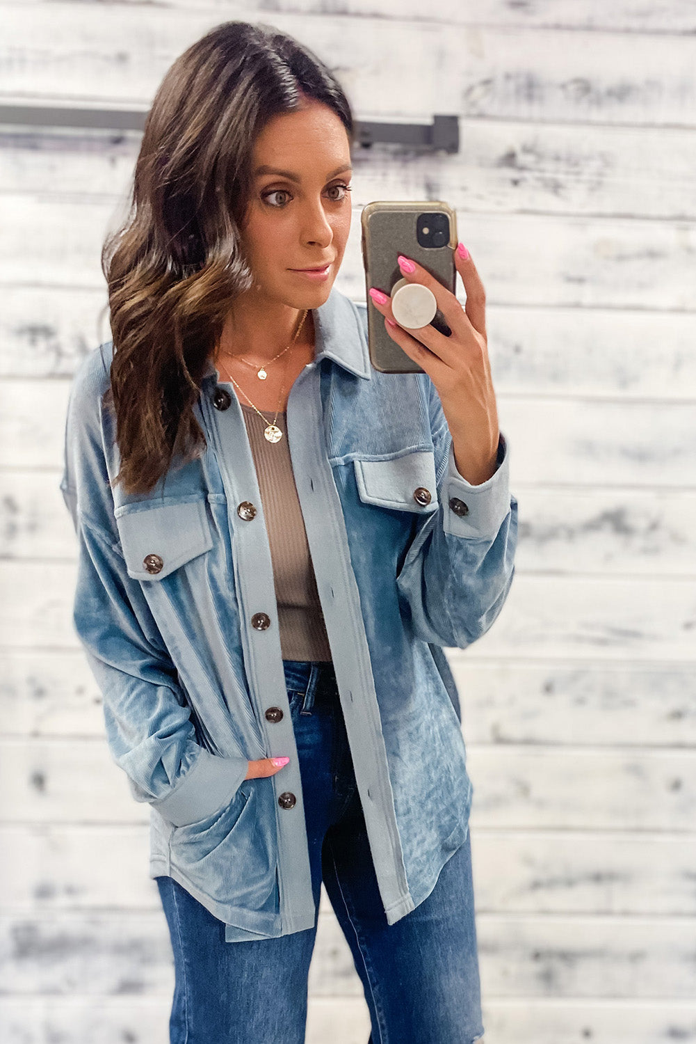 Dusk Blue Velvet Flap Pockets Drop Shoulder Casual Shacket