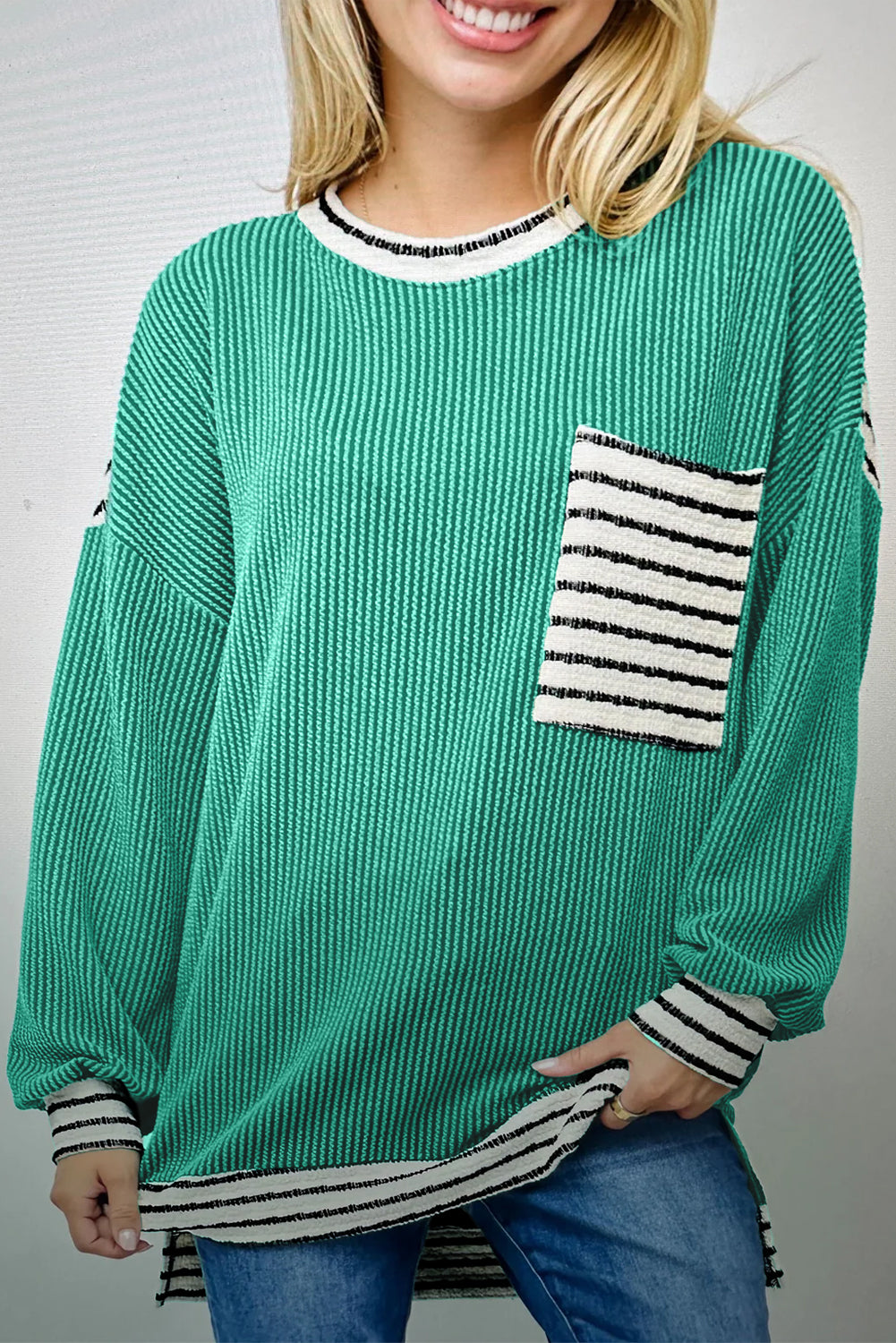 Sea Green Twisted Ribbed Contrast Round Neck Striped Patchwork Long Sleeve Top