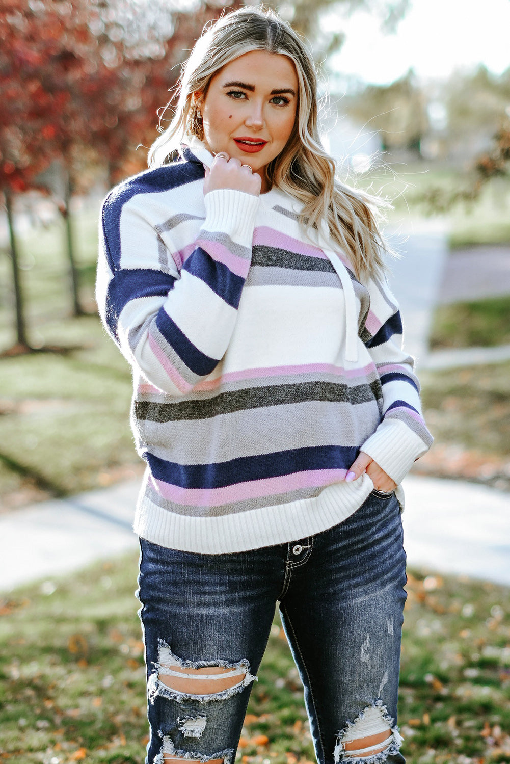 Stripe Oversized Hooded Knit Sweater for Curvy Women