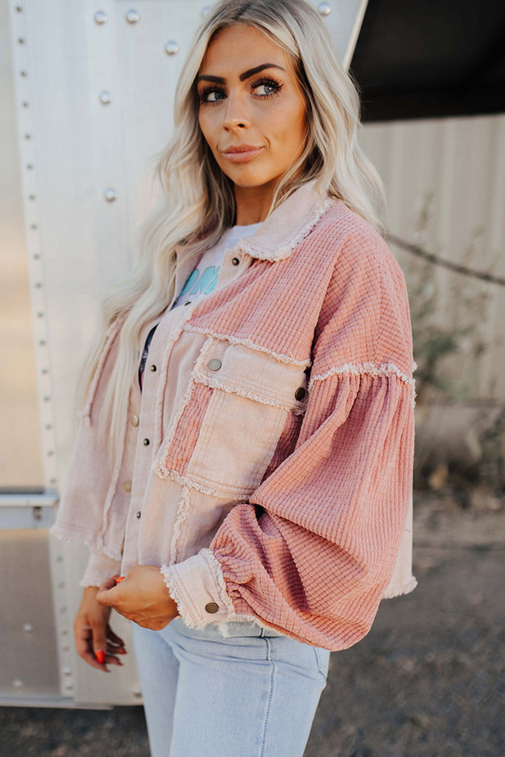 Delicacy Frayed Trim Textured Color Block Patchwork Raw Hem Jacket