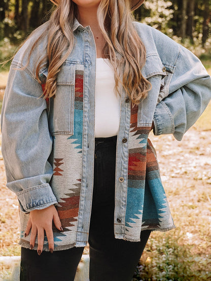 Sky Blue Denim Aztec Print Plus Size Shacket