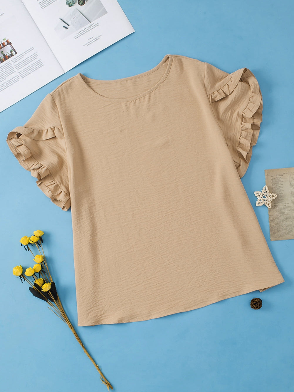 Light Beige Ruffle Sleeve Plus Size Top for a Chic Look