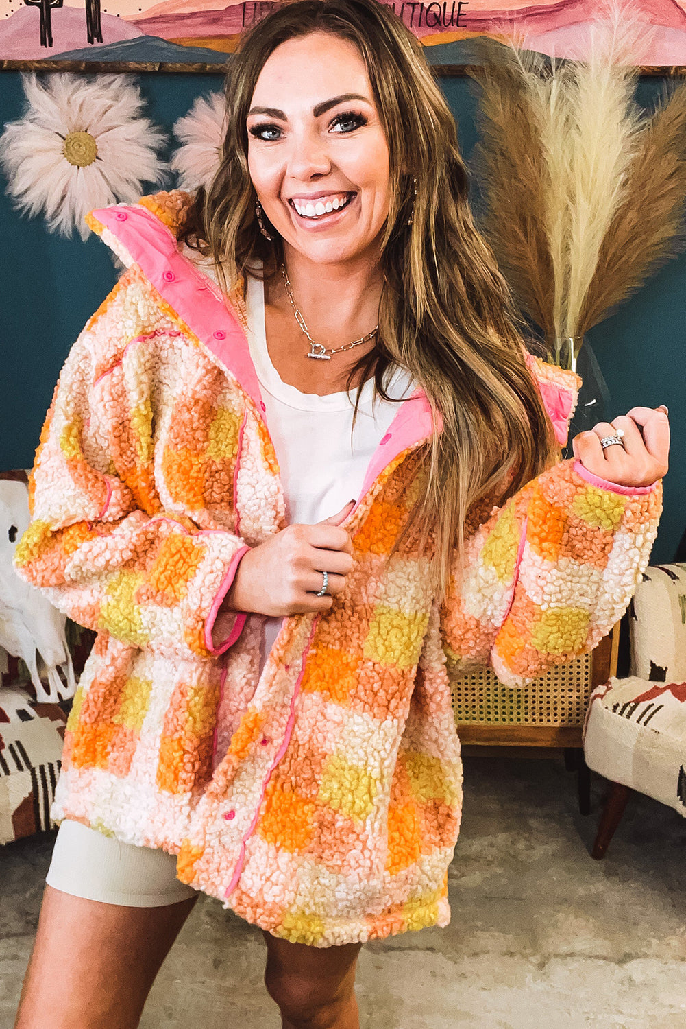 Orange Checkered Sherpa Contrast Trim Hooded Jacket