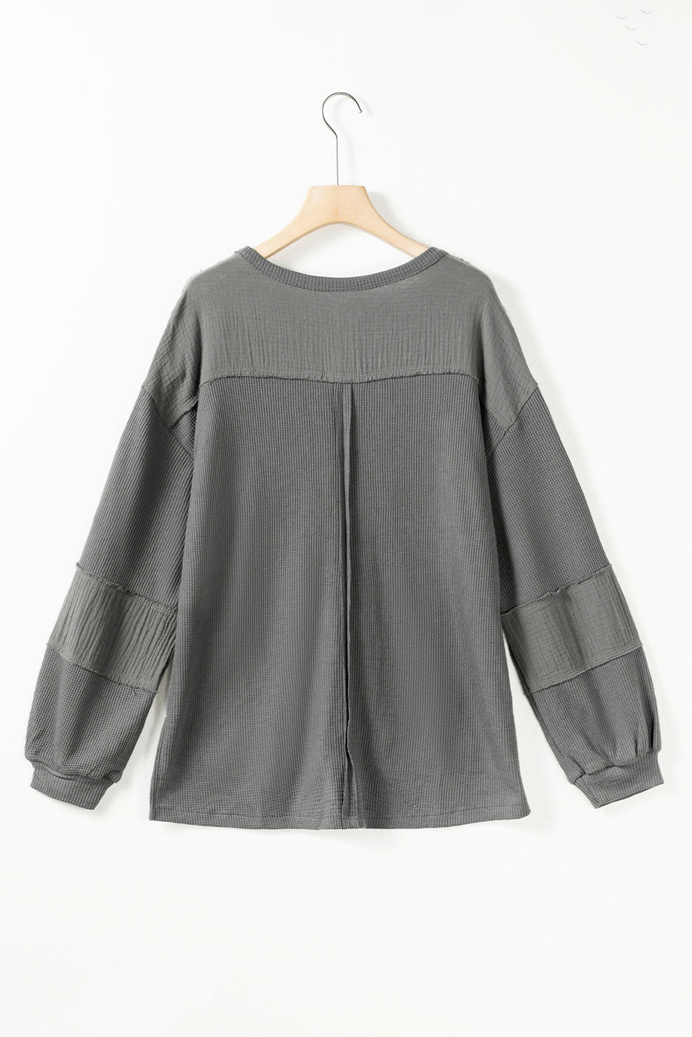 Gray Crinkled Texture Patchwork Waffle Knit Top with Bubble Sleeves