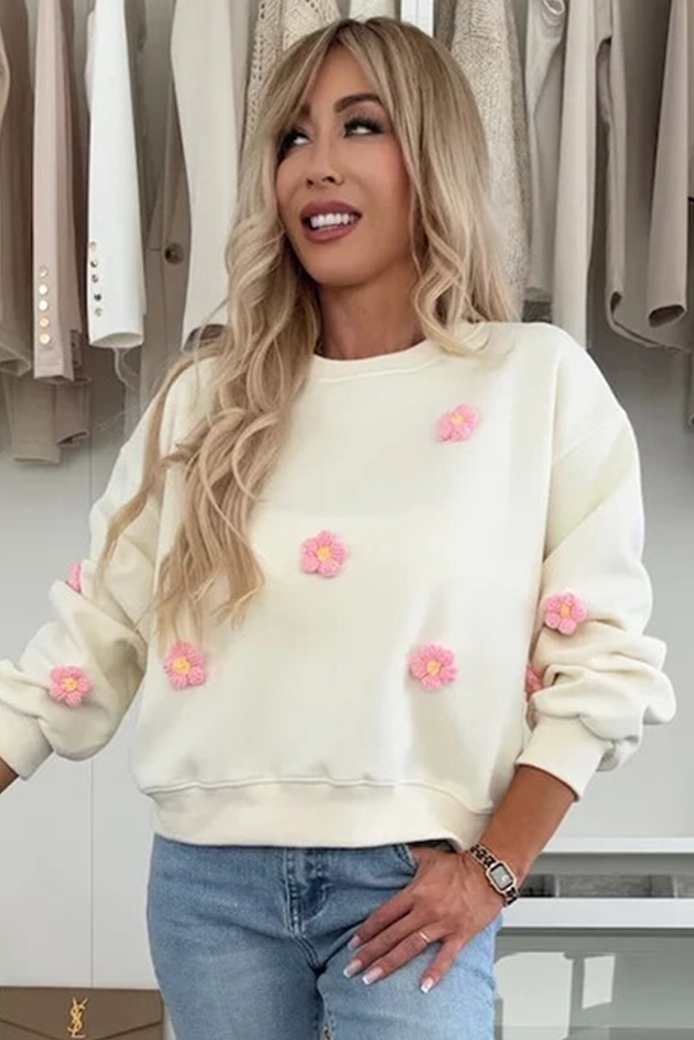 Beige Flower Crochet Drop Shoulder Pullover Sweatshirt