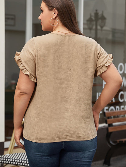 Light Beige Ruffle Sleeve Plus Size Top for a Chic Look