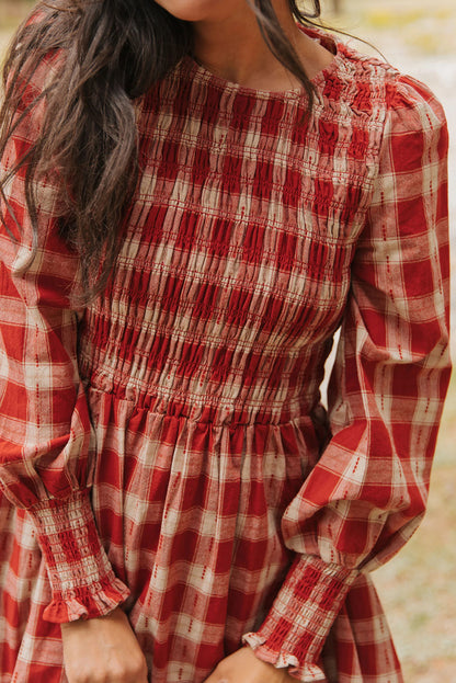 Red Plaid Print Long Sleeve Smocked Flared Mini Dress