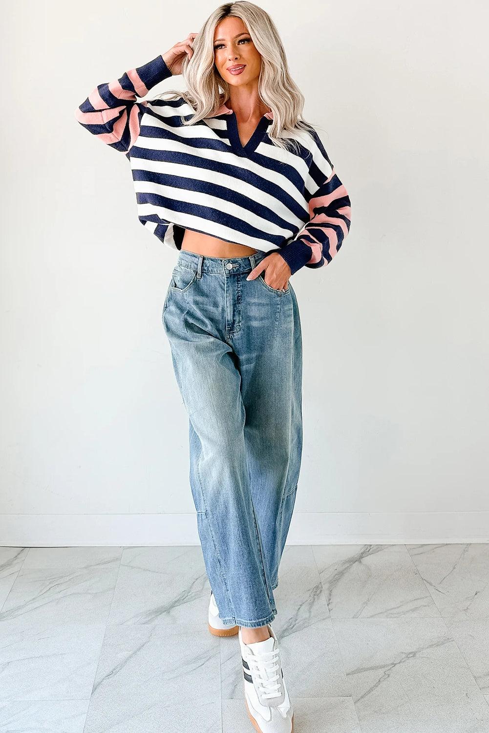 Blue Stripe Drop Shoulder Color Block Sleeve Polo Collar Knit Sweater