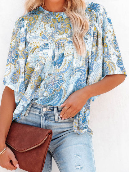 Elegant Sky Blue Paisley Pattern Flowy Blouse with Wide Sleeves