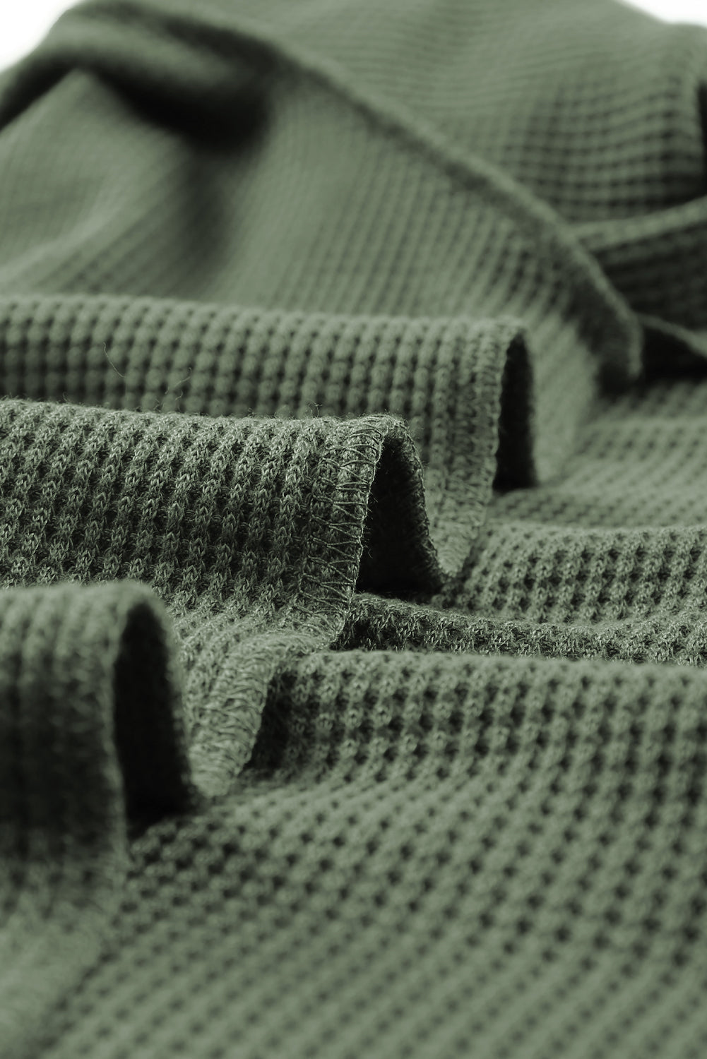 Green Square Neck Loose Fit Waffle Knit Long Sleeve Top