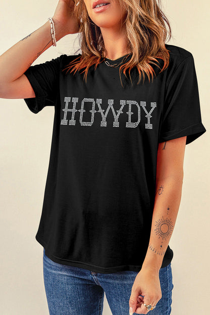 HOWDY Black Rhinestone Embellished Slim Fit Tee