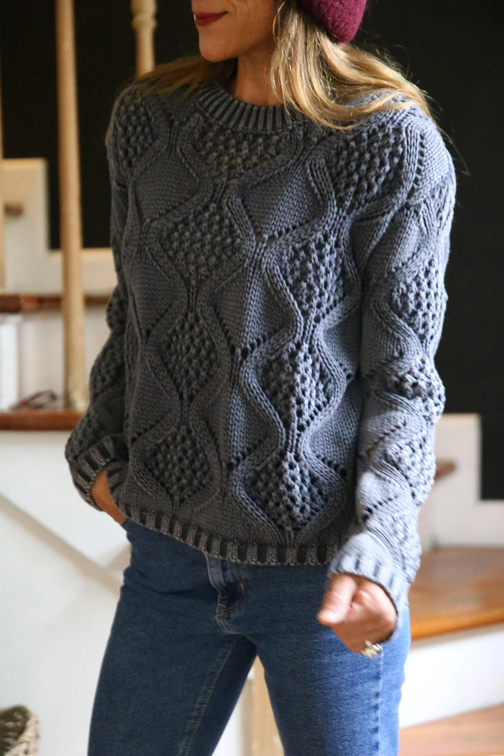 Wild Wind Hollowed Texture Geometric Knit Pullover Sweater