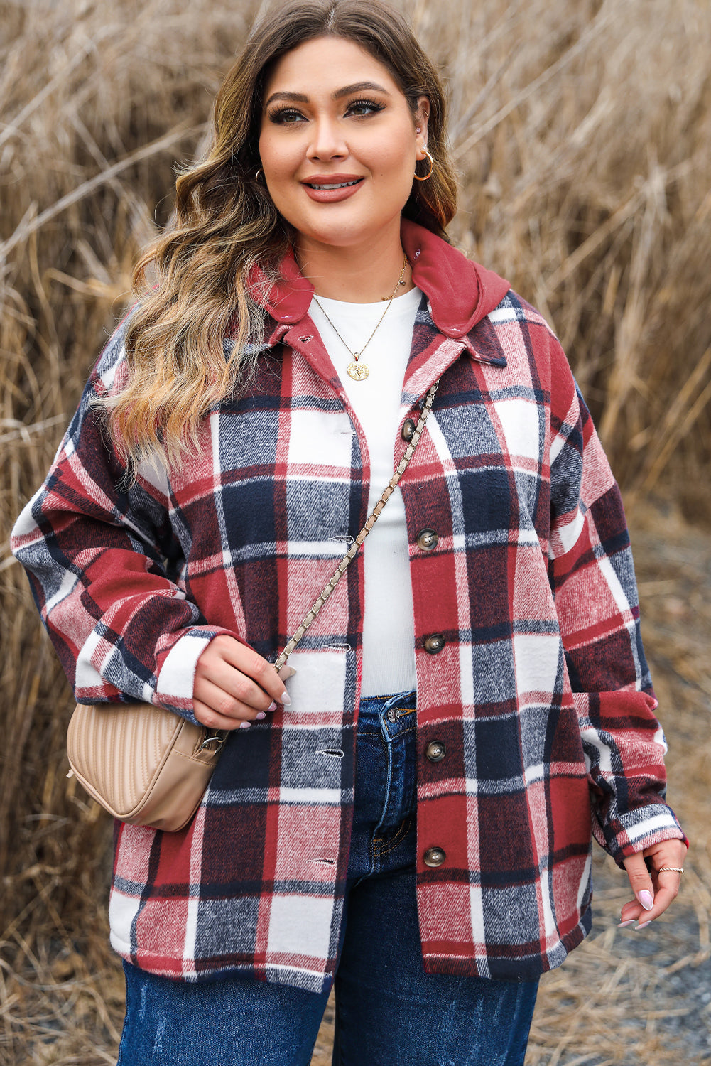 Red Plaid Hooded Jacket for Plus Size Women