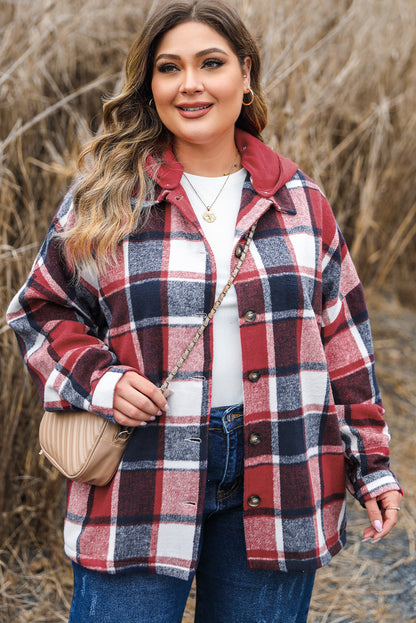 Red Plaid Hooded Jacket for Plus Size Women