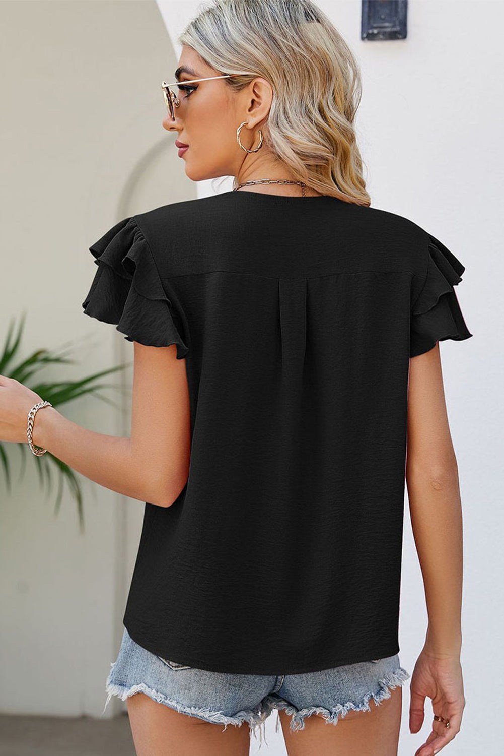 V-Neck Flutter Sleeve Black Textured Plus Size Blouse