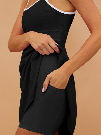 Sporty Black Ribbed Spaghetti Straps Swimdress with Flared Silhouette