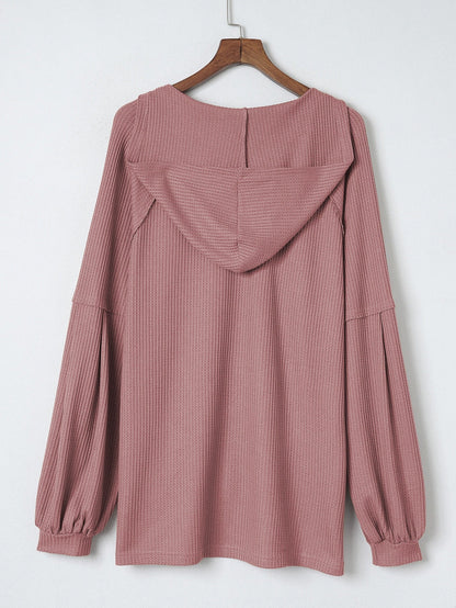 Fiery Red Oversized Waffle Knit Henley Hoodie with Drop Shoulder