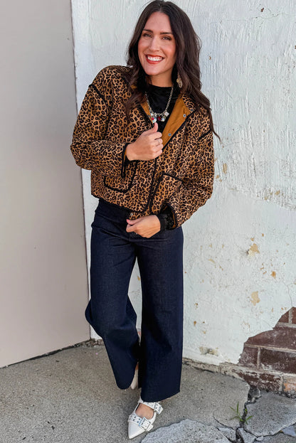 Brown Leopard Quilted Contrast Piping Jacket with Pockets