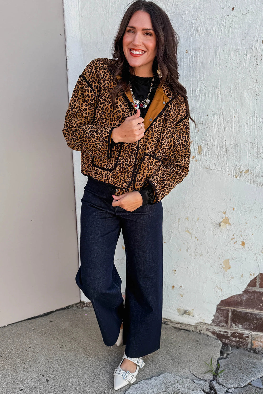 Brown Leopard Quilted Contrast Piping Jacket with Pockets