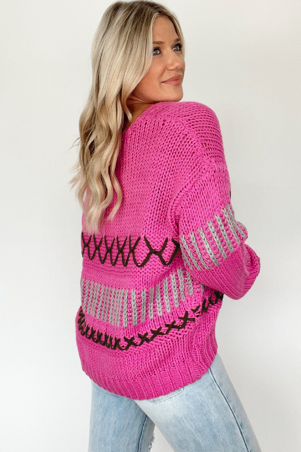 Bright Pink Contrast Stitch Detail V Neck Drop Shoulder Sweater