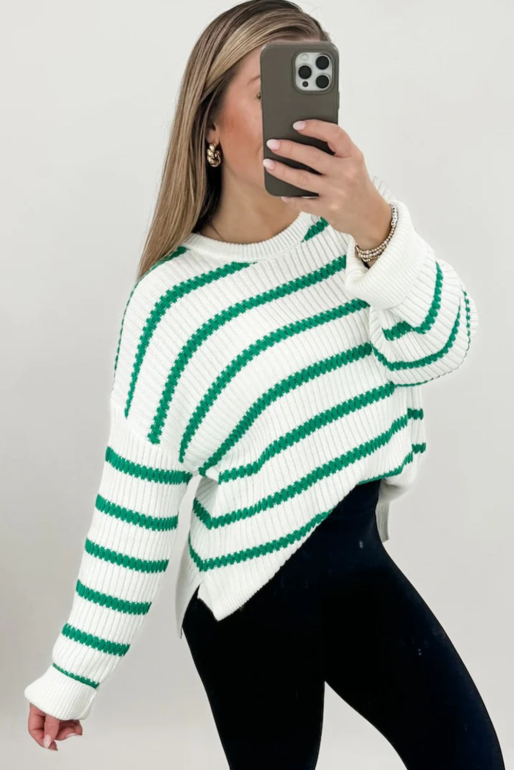 Green Stripe Ribbed Knit Drop Shoulder Loose Sweater
