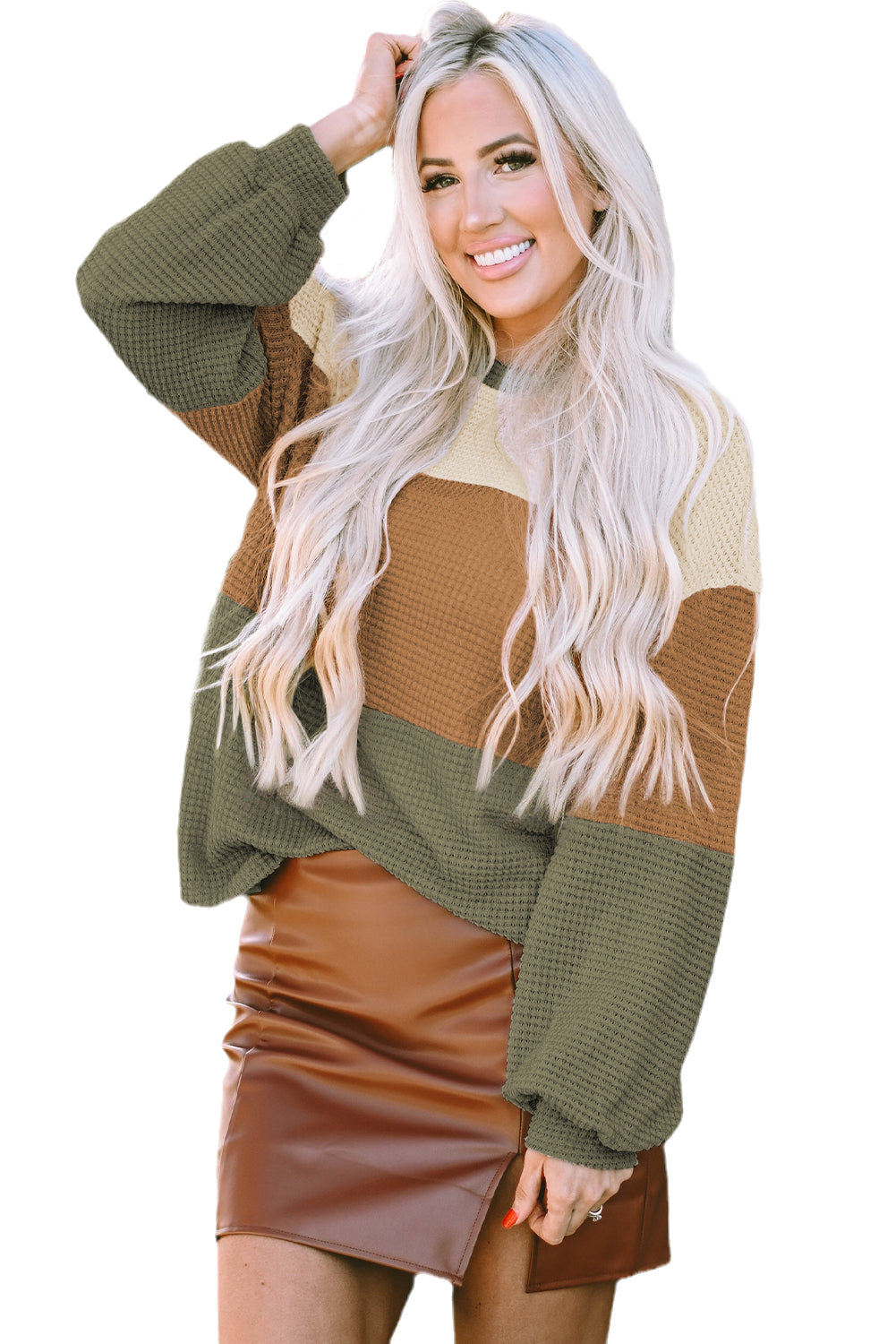 Green Striped Bubble Sleeve Baggy Top with Color Block Detail