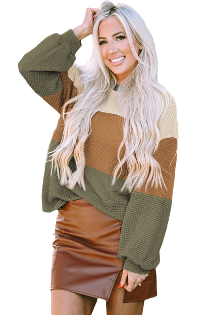 Green Striped Bubble Sleeve Baggy Top with Color Block Detail