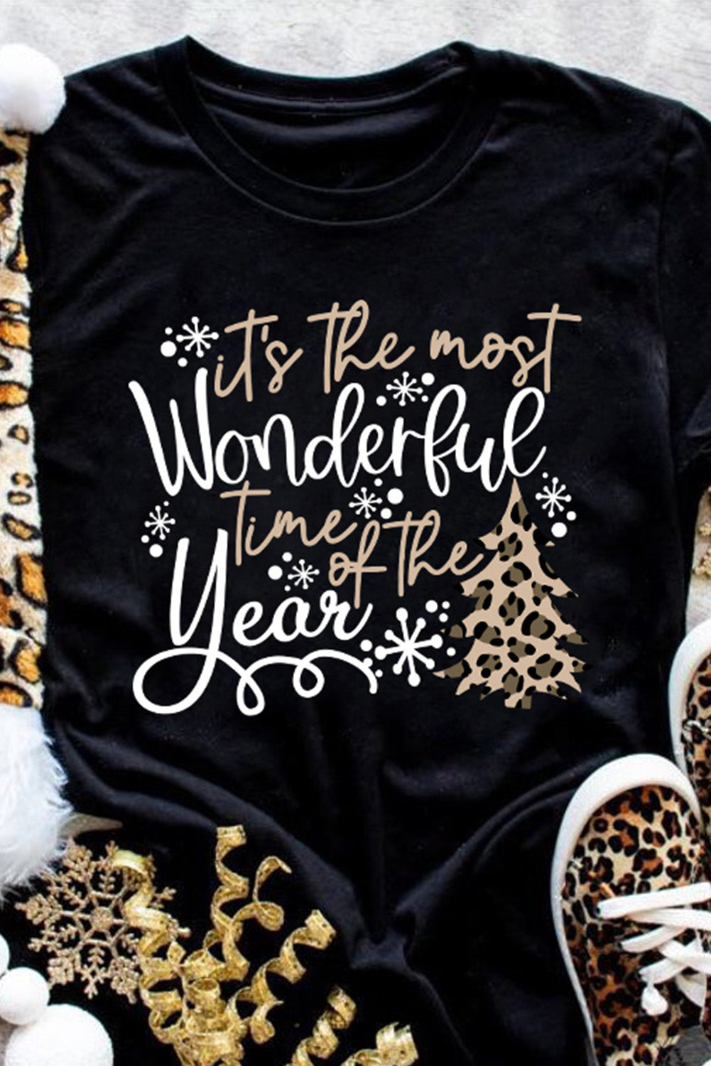 Festive Black Leopard Graphic Tee with Christmas Vibes