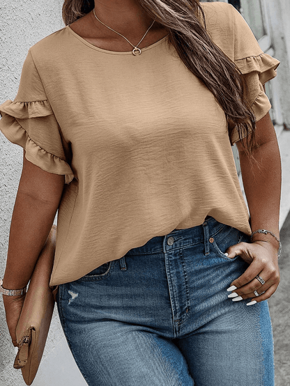 Light Beige Ruffle Sleeve Plus Size Top for a Chic Look