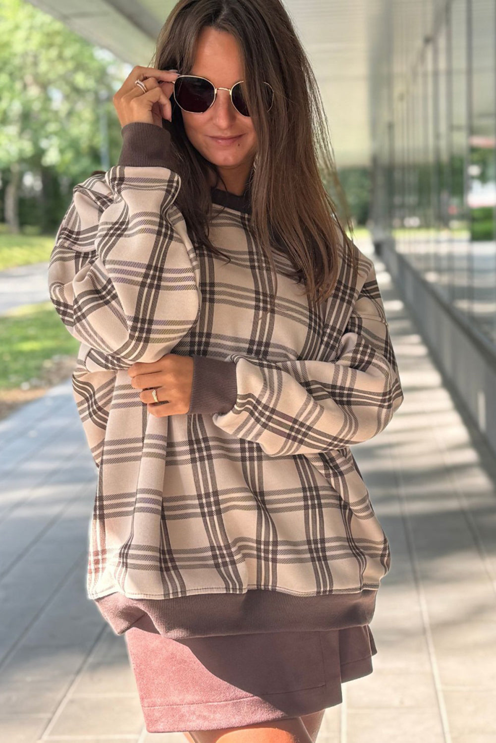 Parchment Plaid Loose Pullover Sweatshirt