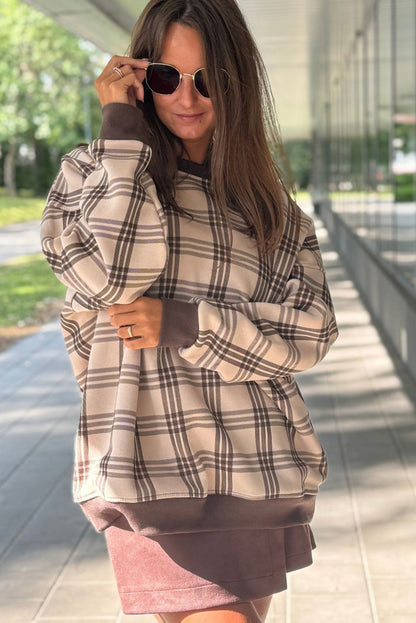 Parchment Plaid Loose Pullover Sweatshirt