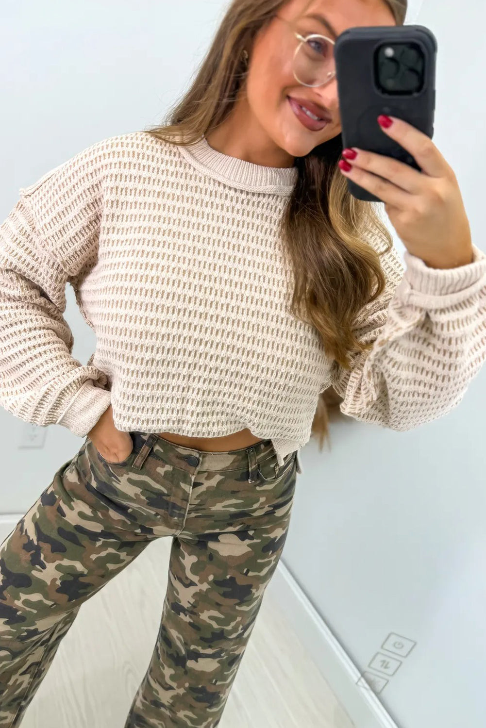 Jet Stream Ribbed Round Neck Jacquard Knit Drop Shoulder Sweater