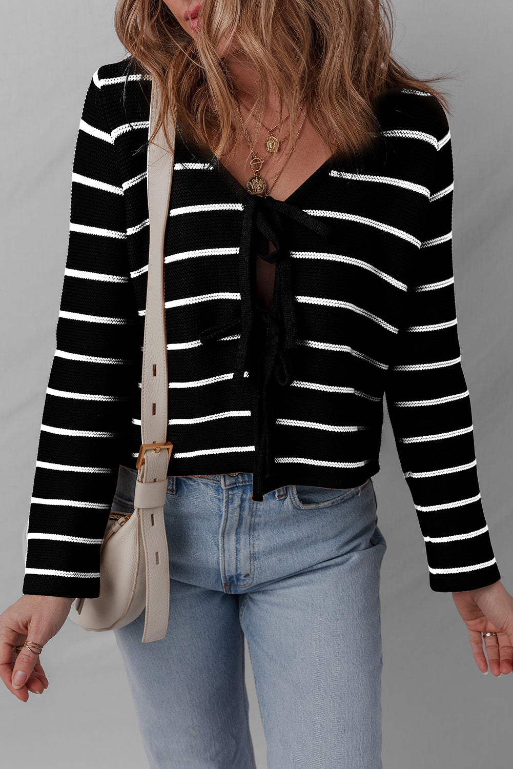 Black Stripe Tie Front Striped Knit V Neck Cardigan Sweater