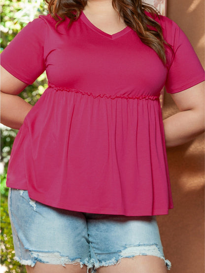 Elegant Rose Red Plus Size V-Neck Babydoll Top