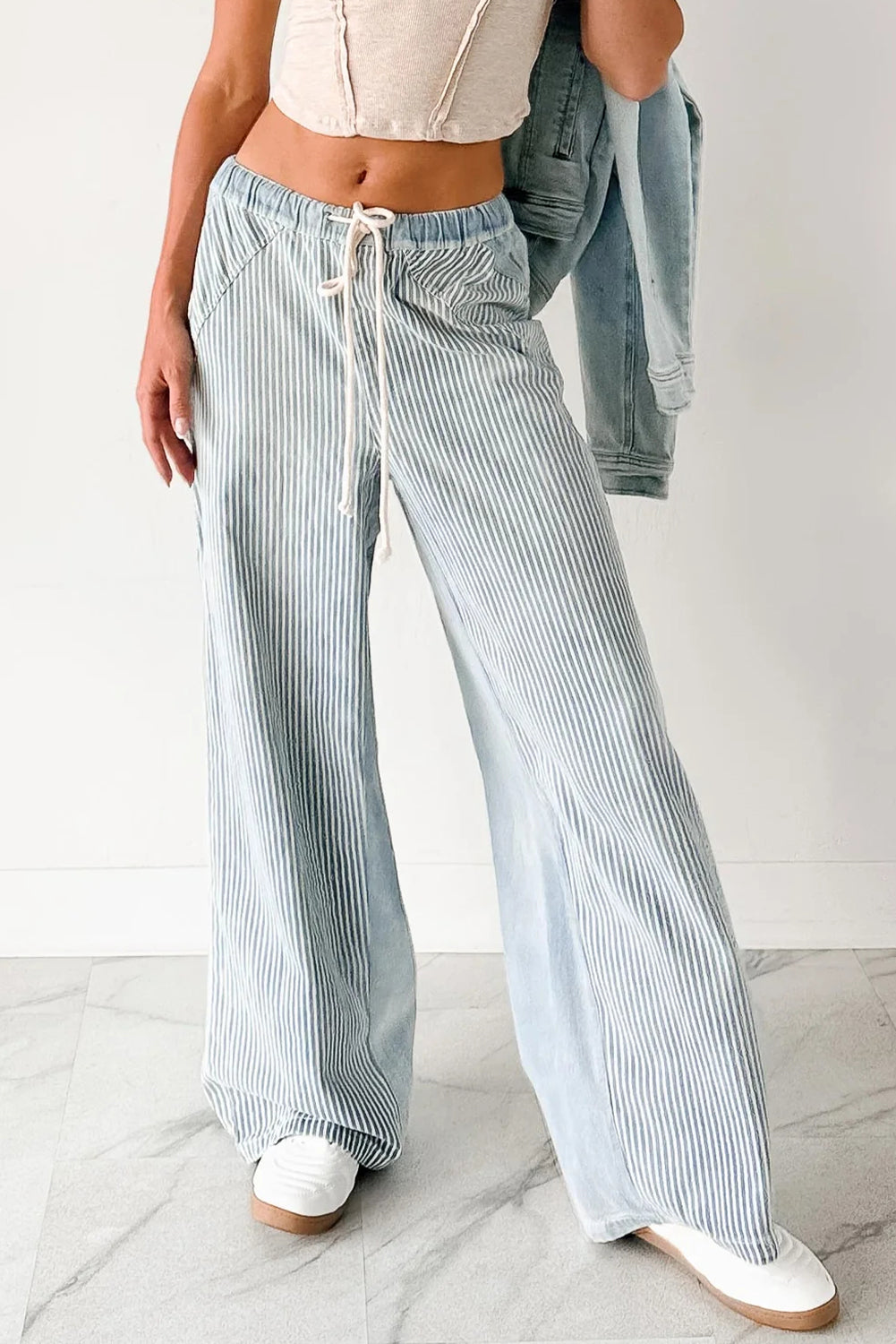 Sky Blue Stripe Contrast Drawstring Wide Leg Patchwork Jeans