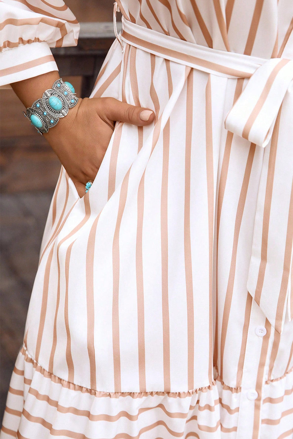 Pink Stripe Puff Long Sleeve Shirt Belted Plus Size Maxi Dress
