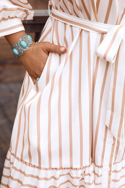 Pink Stripe Puff Long Sleeve Shirt Belted Plus Size Maxi Dress