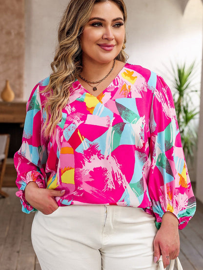 Vibrant Pink Graffiti Print Plus Size Blouse with Puff Sleeves