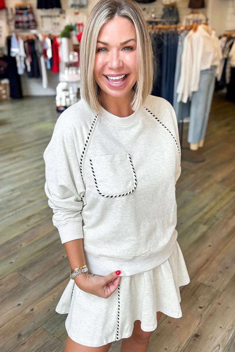 Light Grey Striped Piping Trim Raglan Sleeve Top Active Mini Skort 2pcs Set